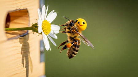 A bee flying towards a white daisy flower near a wooden beehiveの写真素材