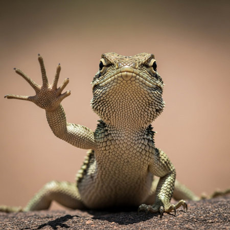 A close-up photo of a lizard sitting on a rock with its hand raisedの写真素材
