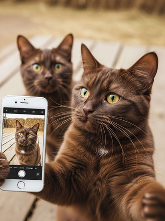 Two brown cats taking a selfie with a smartphone outdoorsの写真素材