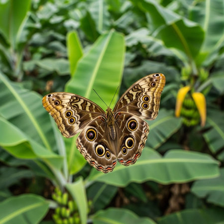 A beautiful butterfly perched on a lush green leaf in natureの写真素材