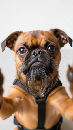 A cute brown dog with a black harness and a curious expressionの写真素材
