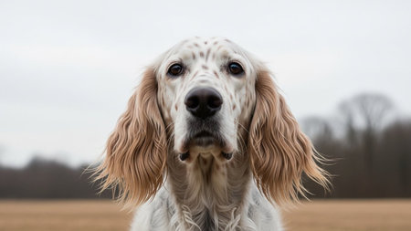 A close-up portrait of a beautiful English Setter in a fieldの写真素材