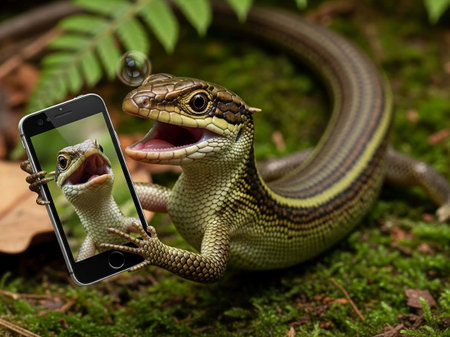 A lizard taking a selfie with a smartphone in a natural settingの写真素材