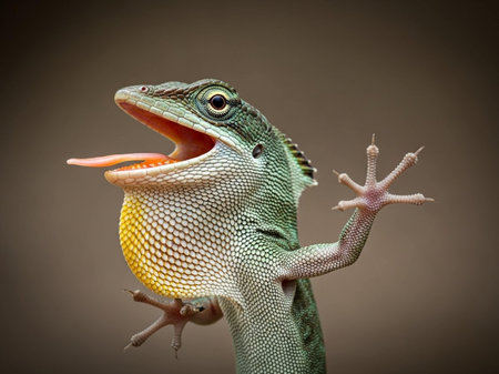 A green lizard with its mouth open and tongue outの写真素材