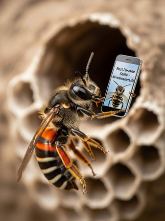 A bee holding a smartphone in front of a honeycomb with a social media postの写真素材