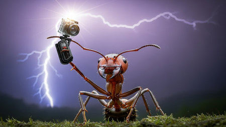 A curious ant holds a camera in a dramatic stormy landscapeの写真素材