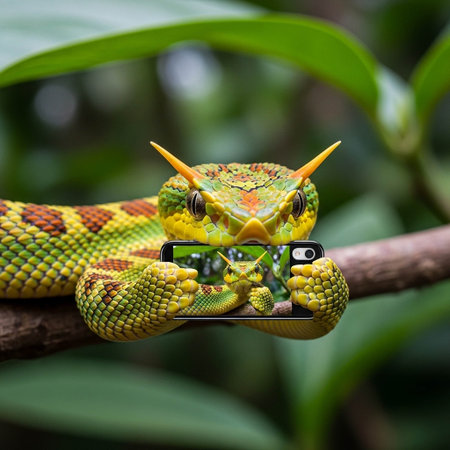 A vibrant green snake with orange horns holds a smartphone in its coils.の写真素材