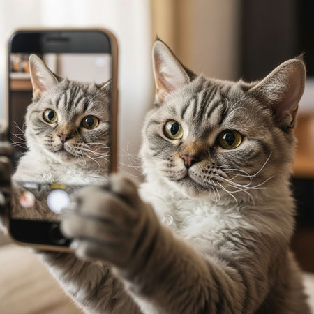 A curious cat taking a selfie with a smartphone indoorsの写真素材