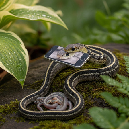 A snake takes a selfie with its phone in a lush green environmentの写真素材