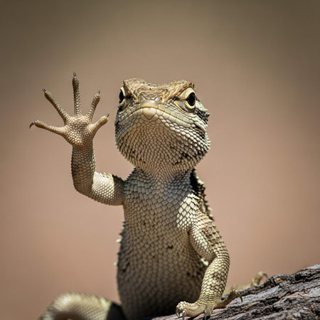 A bearded lizard standing on a rock with its hand raisedの写真素材