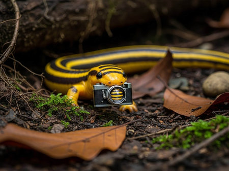 A small toy camera held by a yellow and black salamander in a forest setting with leaves and mossの写真素材