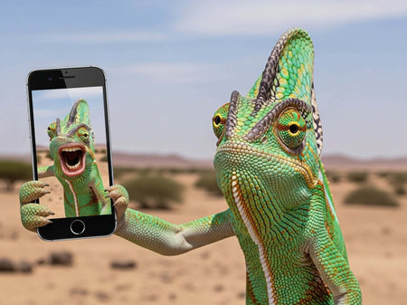 A green chameleon taking a selfie in a desert landscape with a smartphoneの写真素材