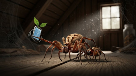 A spider holding a smartphone with a green plant in a dark atticの写真素材