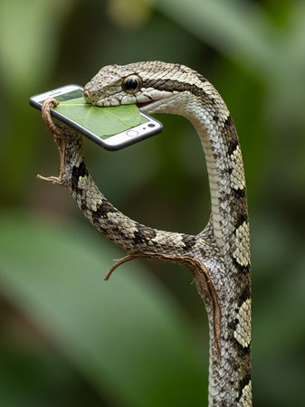A snake holds a smartphone in its mouth in a natural settingの写真素材
