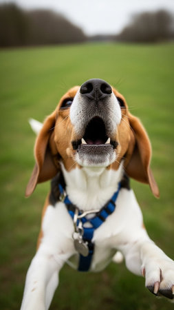 A playful beagle dog barking in a green field outdoorsの写真素材