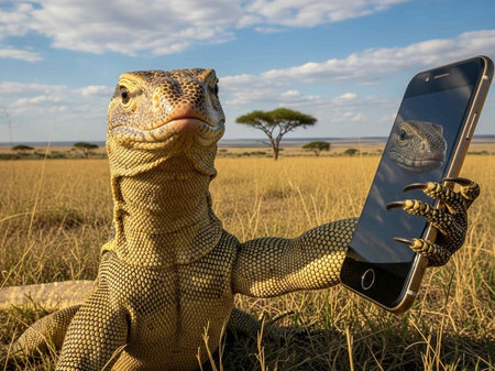 A lizard takes a selfie in a savannah landscape with a smartphoneの写真素材