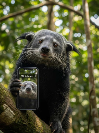 A curious bear standing on a tree branch holding a smartphoneの写真素材