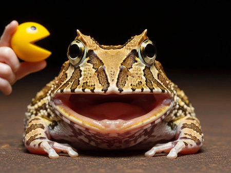 A large frog with its mouth open looking at a pac-man toyの写真素材