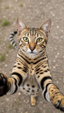 A curious cat with striking yellow eyes and distinctive fur patterns reaches outの写真素材