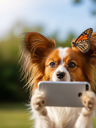 A cute dog taking a selfie with a butterfly on its headの写真素材