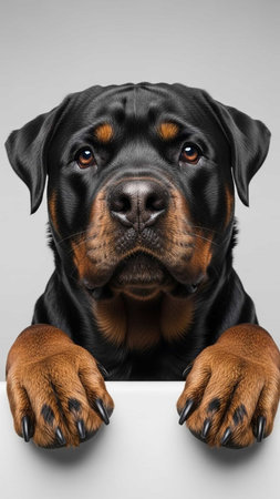 A close-up portrait of a Rottweiler dog with a curious expressionの写真素材