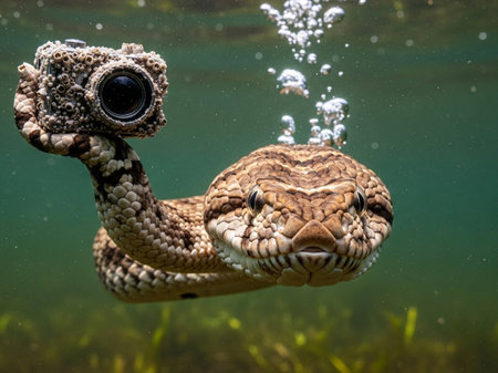 A snake with a camera on its head swimming underwaterの写真素材