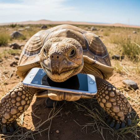 A tortoise holds a phone in its mouth in a desert landscapeの写真素材