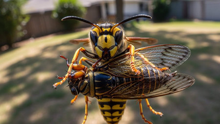 A wasp carrying a captured insect in its mandibles outdoorsの写真素材