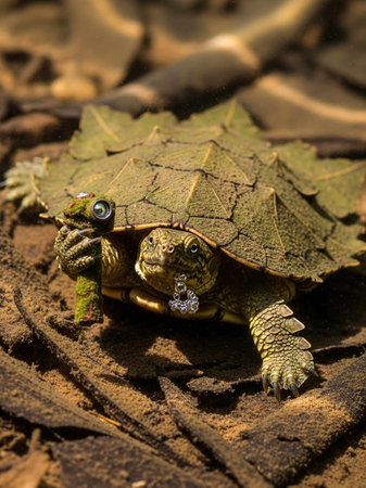 A turtle with a unique shell and jewelry on its neckの写真素材