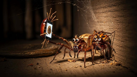 A spider and insect holding a smartphone in a dark roomの写真素材