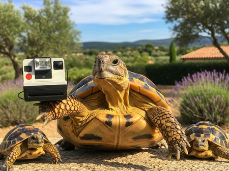 A large tortoise holds a vintage Polaroid camera in a serene outdoor setting with smaller tortoises nearbyの写真素材