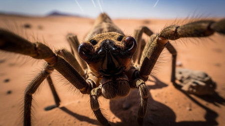 A large spider stands in the desert with a clear blue skyの写真素材