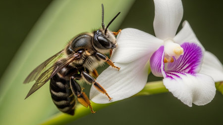 A close-up of a bee on a white and purple orchid flowerの写真素材