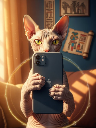 A hairless cat taking a selfie with a smartphone in a cozy roomの写真素材