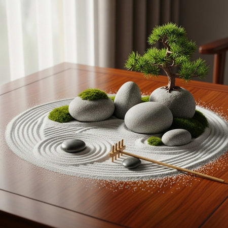 A serene miniature Zen garden on a wooden table with a small tree and stonesの写真素材
