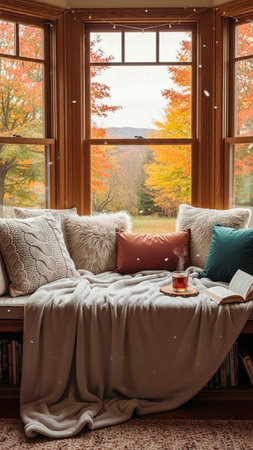 Cozy living room with autumn view from a large window seatの写真素材
