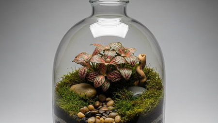 A beautiful plant in a glass terrarium with small rocks and mossの写真素材