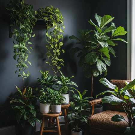 A serene indoor space filled with lush green plants and a comfortable chairの写真素材