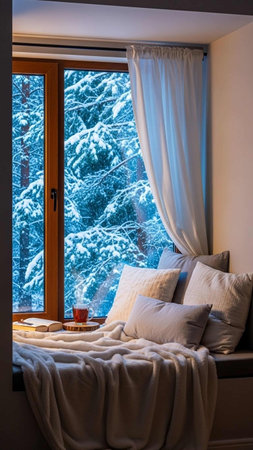 Cozy winter scene with a comfortable window seat and snowy trees outsideの写真素材