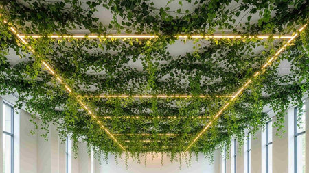 A modern interior with lush greenery and warm lighting on the ceilingの写真素材