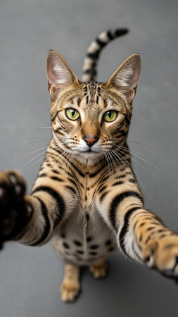 A curious Bengal cat stretching out its paw towards the cameraの写真素材