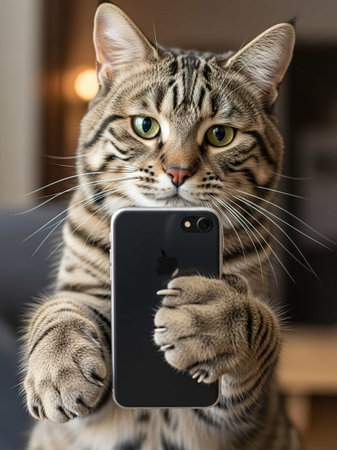 A curious cat holding a smartphone in its paws indoorsの写真素材