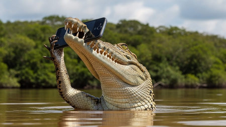 A large crocodile holding a smartphone in its mouth in a body of waterの写真素材