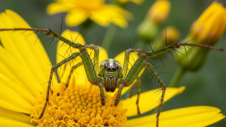 A large green spider sitting on a bright yellow flower in a gardenの写真素材