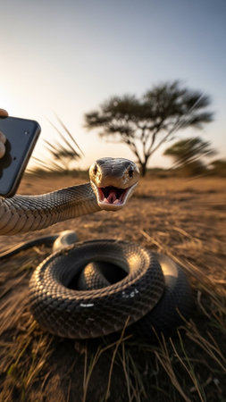 A snake is taking a selfie in a natural outdoor settingの写真素材