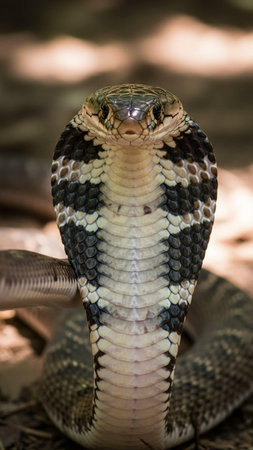 A close-up of a snake with its hood raised in a threatening postureの写真素材