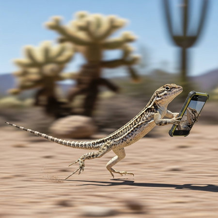 A lizard taking a selfie in the desert with a smartphoneの写真素材
