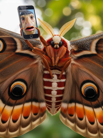 A man takes a selfie with a large moth outdoorsの写真素材