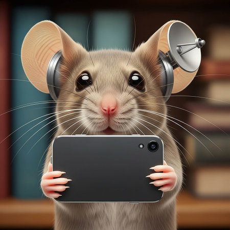 A curious mouse wearing headphones holds a tablet in a library settingの写真素材