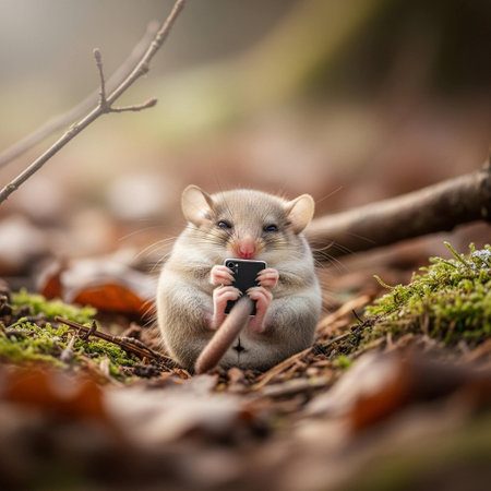 A small mouse holding a cell phone in a natural outdoor settingの写真素材
